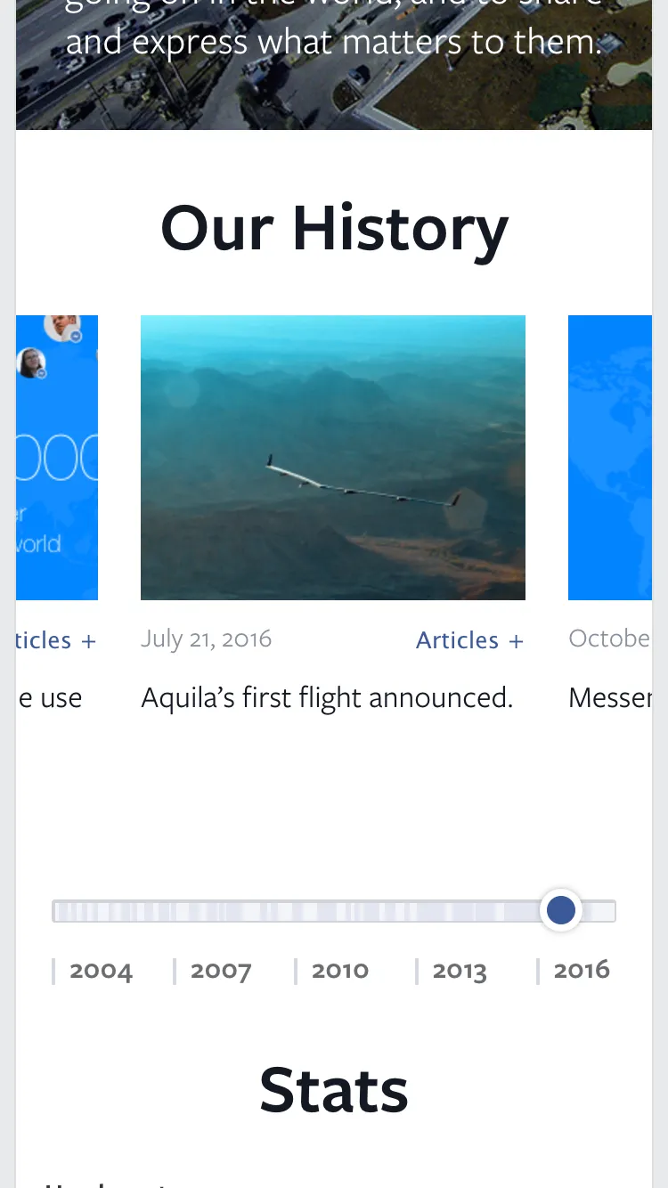 The Our History timeline on a phone screen: a central event card showing Facebook’s Aquila solar drone in flight, dated July 21, 2016, with partial neighboring cards on either side, above a draggable scrubber marked 2004, 2007, 2010, 2013, and 2016.