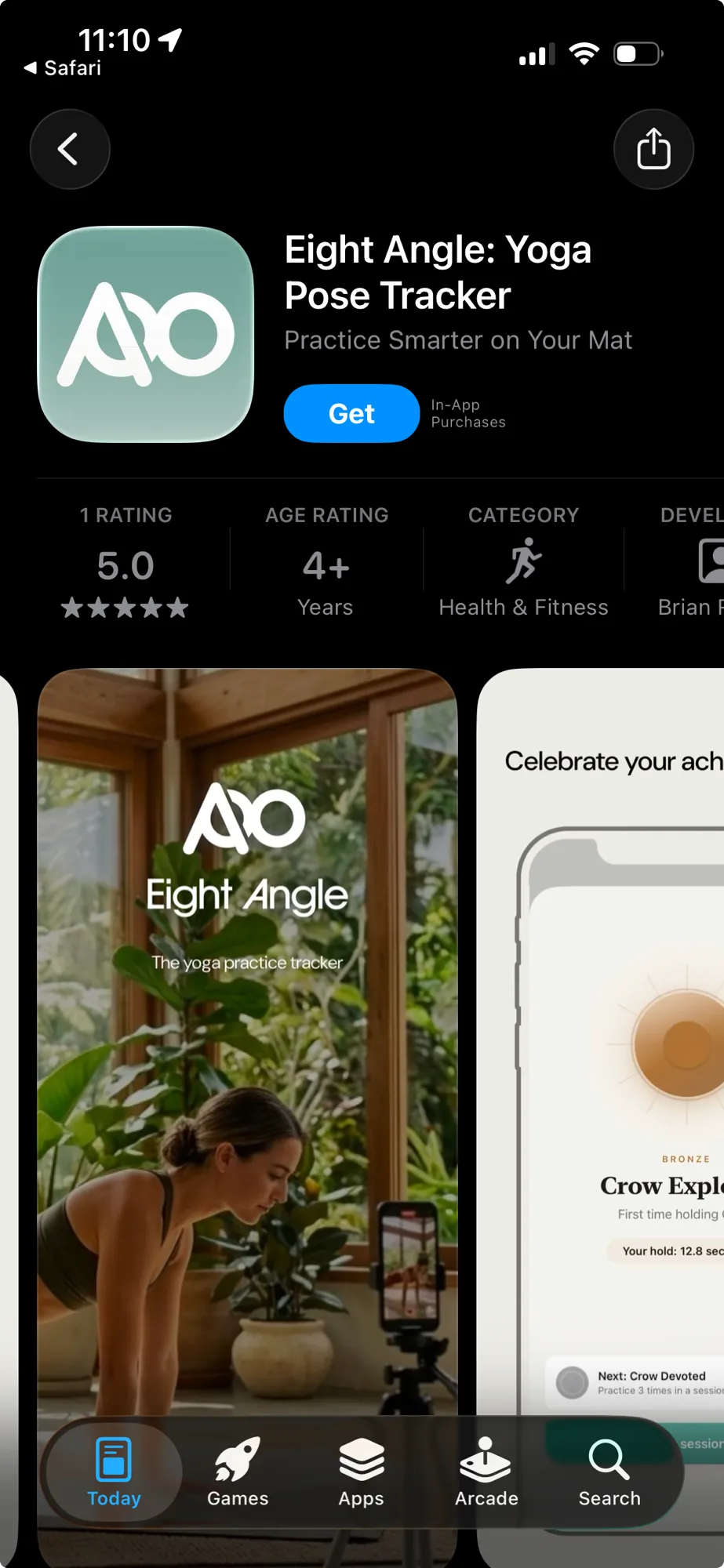 The Eight Angle App Store listing on an iPhone: the mint app icon beside "Eight Angle: Yoga Pose Tracker, Practice Smarter on Your Mat" with a Get button, a 5.0 star rating, a 4+ age rating, and the Health & Fitness category, above screenshot cards showing the Eight Angle wordmark over a yogi practicing in a plant-filled room and a bronze Crow Explorer achievement.
