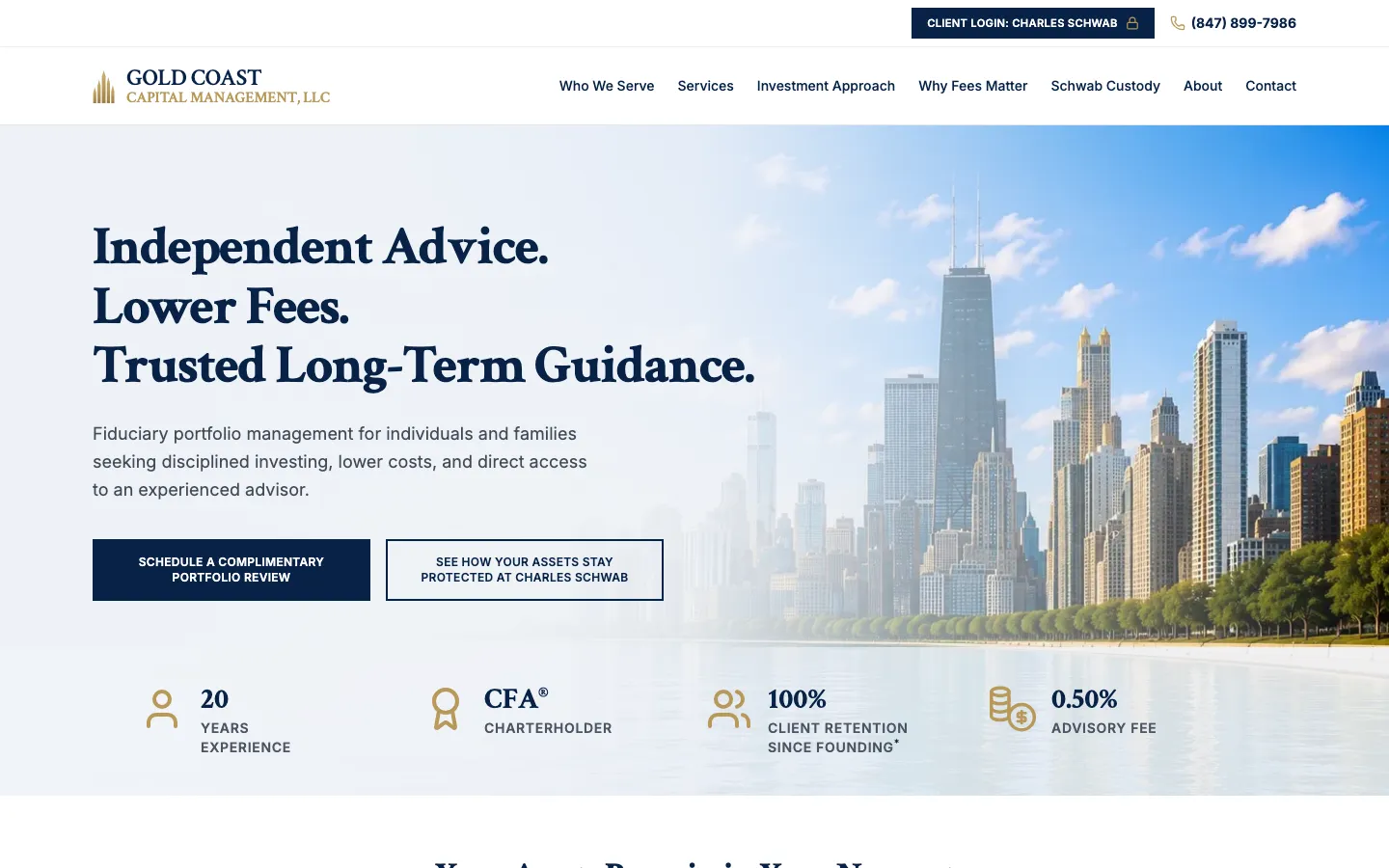 The finished goldcoastcapm.com homepage: a navy and gold Gold Coast Capital Management site with the headline "Independent Advice. Lower Fees. Trusted Long-Term Guidance," a Chicago skyline photo, and a row of figures reading 20 years experience, CFA charterholder, 100% client retention since founding, and a 0.50% advisory fee.