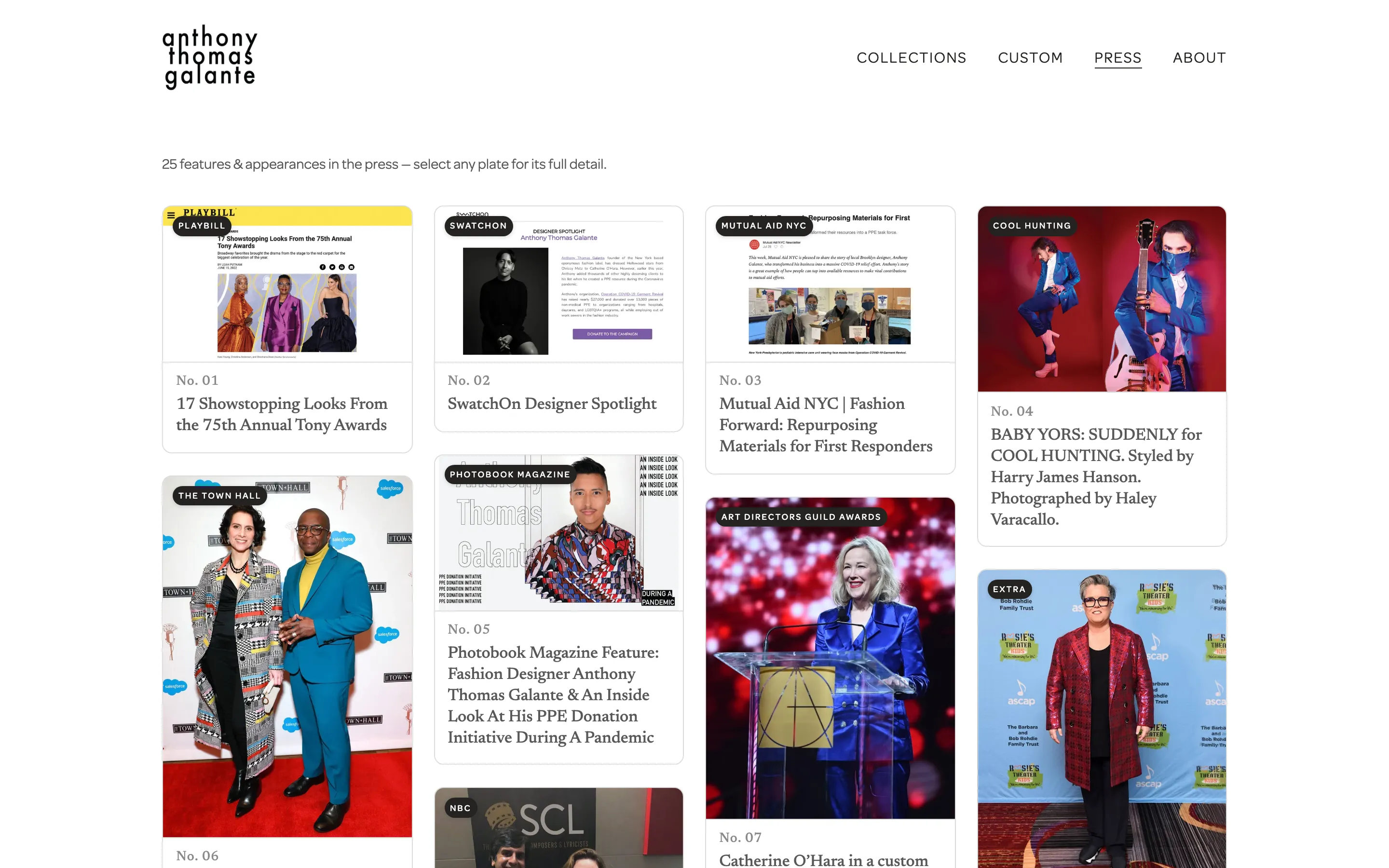 The refreshed press page at anthonythomasgalante.com: the lowercase wordmark with Collections, Custom, Press, and About navigation above the line "25 features & appearances in the press," and a masonry grid of press plates including Playbill, SwatchOn, Mutual Aid NYC, Cool Hunting, Photobook Magazine, and the Art Directors Guild Awards, each with its numbered entry printed beneath.